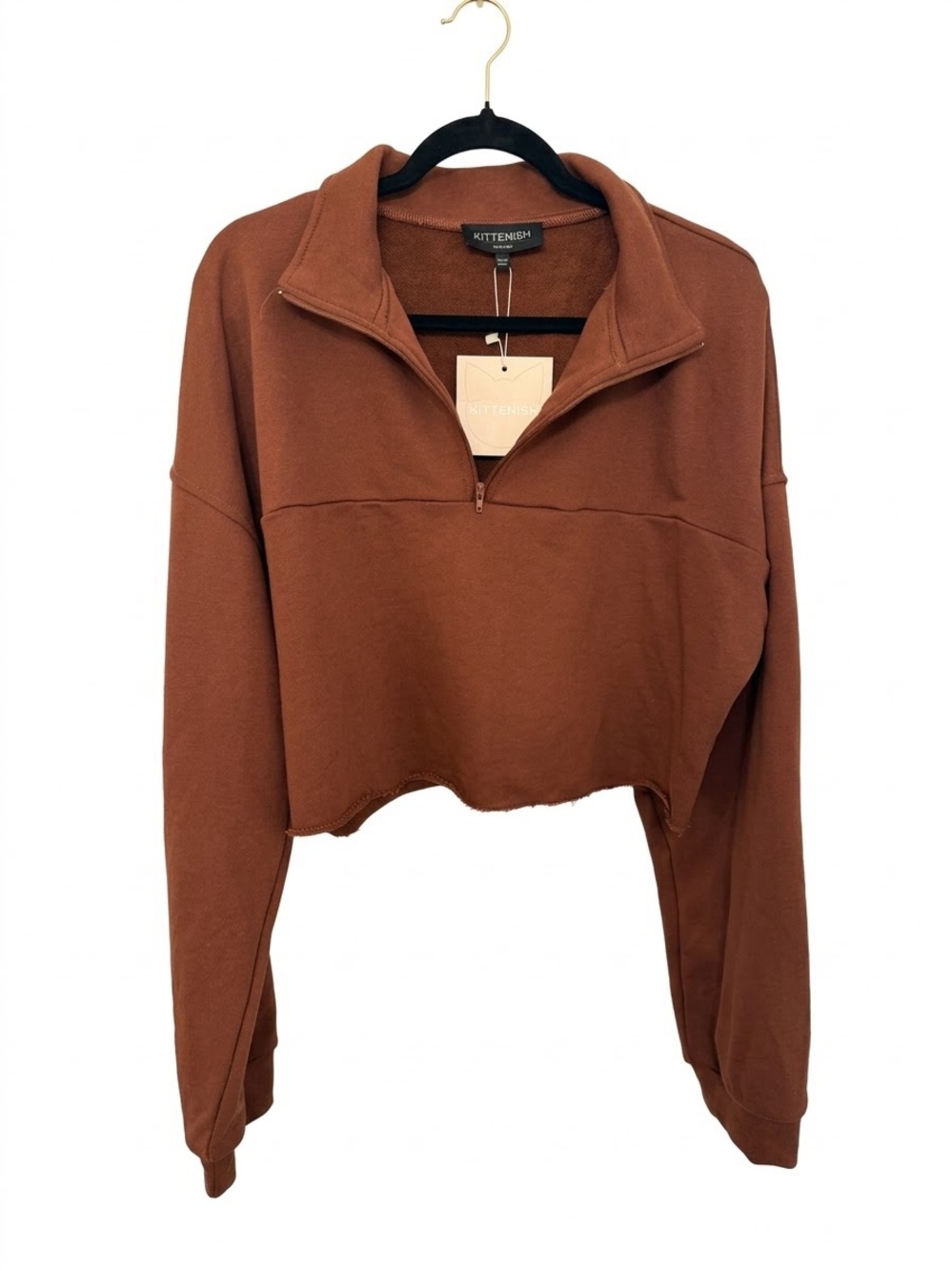 Kittenish Cropped Quarter-Zip Pullover in Rust
